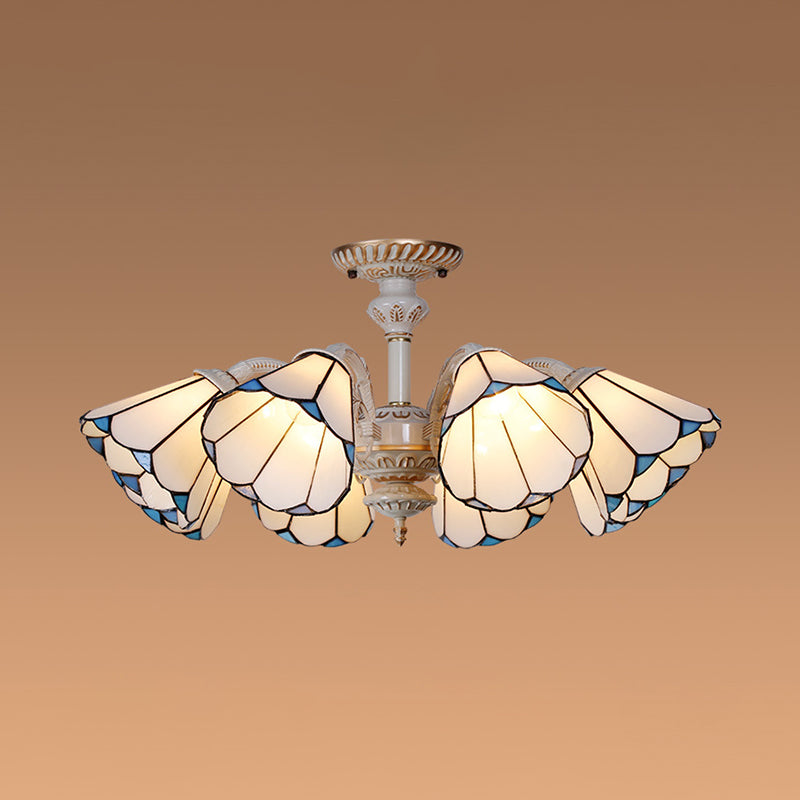 3/6/8 Lights Conical Chandelier Lamp White Glass Traditional Ceiling Light Fixture for Kitchen Clearhalo 'Ceiling Lights' 'Close To Ceiling Lights' 'Close to ceiling' 'Glass shade' 'Glass' 'Semi-flushmount' 'Tiffany close to ceiling' 'Tiffany' Lighting' 36738