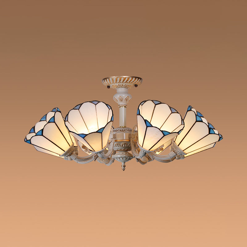 3/6/8 Lights Conical Chandelier Lamp White Glass Traditional Ceiling Light Fixture for Kitchen Clearhalo 'Ceiling Lights' 'Close To Ceiling Lights' 'Close to ceiling' 'Glass shade' 'Glass' 'Semi-flushmount' 'Tiffany close to ceiling' 'Tiffany' Lighting' 36742