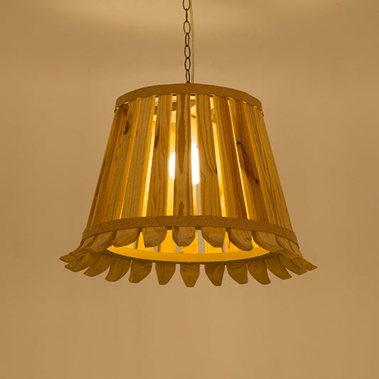 1 Bulb Trumpet Hanging Light Japanese Wood Pendant Lighting Fixture in Beige for Bedroom Clearhalo 'Ceiling Lights' 'Pendant Lights' 'Pendants' Lighting' 367449
