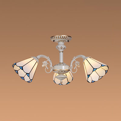 3/6/8 Lights Conical Chandelier Lamp White Glass Traditional Ceiling Light Fixture for Kitchen Clearhalo 'Ceiling Lights' 'Close To Ceiling Lights' 'Close to ceiling' 'Glass shade' 'Glass' 'Semi-flushmount' 'Tiffany close to ceiling' 'Tiffany' Lighting' 36745