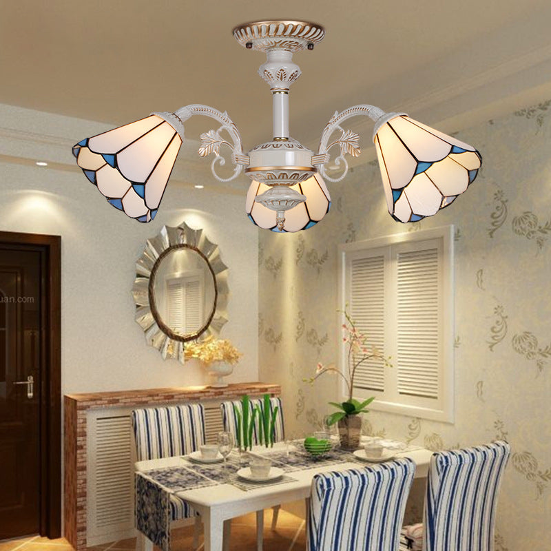 3/6/8 Lights Conical Chandelier Lamp White Glass Traditional Ceiling Light Fixture for Kitchen 3 White Clearhalo 'Ceiling Lights' 'Close To Ceiling Lights' 'Close to ceiling' 'Glass shade' 'Glass' 'Semi-flushmount' 'Tiffany close to ceiling' 'Tiffany' Lighting' 36746