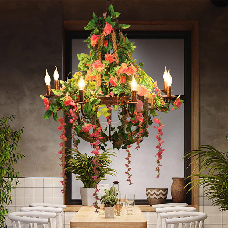 Candle Restaurant Rose Chandelier Light Industrial 6 Bulbs LED Rust Hanging Light Fixture Rust Clearhalo 'Cast Iron' 'Ceiling Lights' 'Chandeliers' 'Industrial Chandeliers' 'Industrial' 'Metal' 'Middle Century Chandeliers' 'Rustic Chandeliers' 'Tiffany' Lighting' 367461
