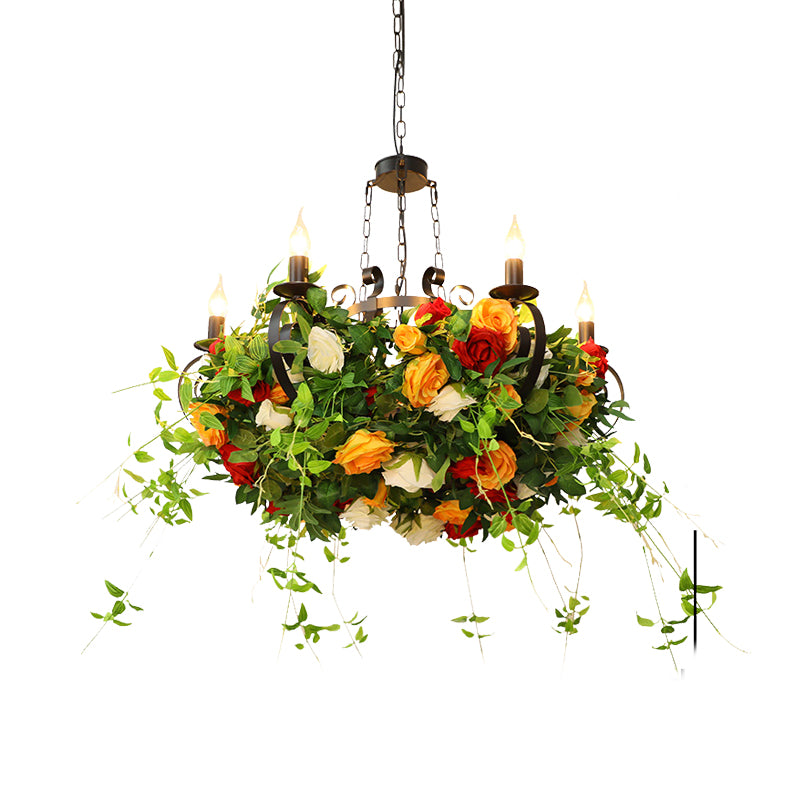 Metal Black Chandelier Lamp Rose 6 Lights Industrial LED Hanging Ceiling Light with Plant Decor Clearhalo 'Cast Iron' 'Ceiling Lights' 'Chandeliers' 'Industrial Chandeliers' 'Industrial' 'Metal' 'Middle Century Chandeliers' 'Rustic Chandeliers' 'Tiffany' Lighting' 367473