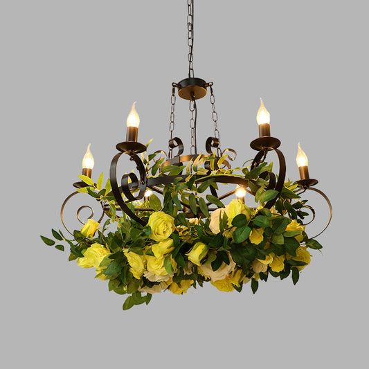 6 Bulbs Candle Pendant Chandelier Industrial Black Metal LED Suspension Lighting Fixture with Rose Decoration Clearhalo 'Cast Iron' 'Ceiling Lights' 'Chandeliers' 'Industrial Chandeliers' 'Industrial' 'Metal' 'Middle Century Chandeliers' 'Rustic Chandeliers' 'Tiffany' Lighting' 367484