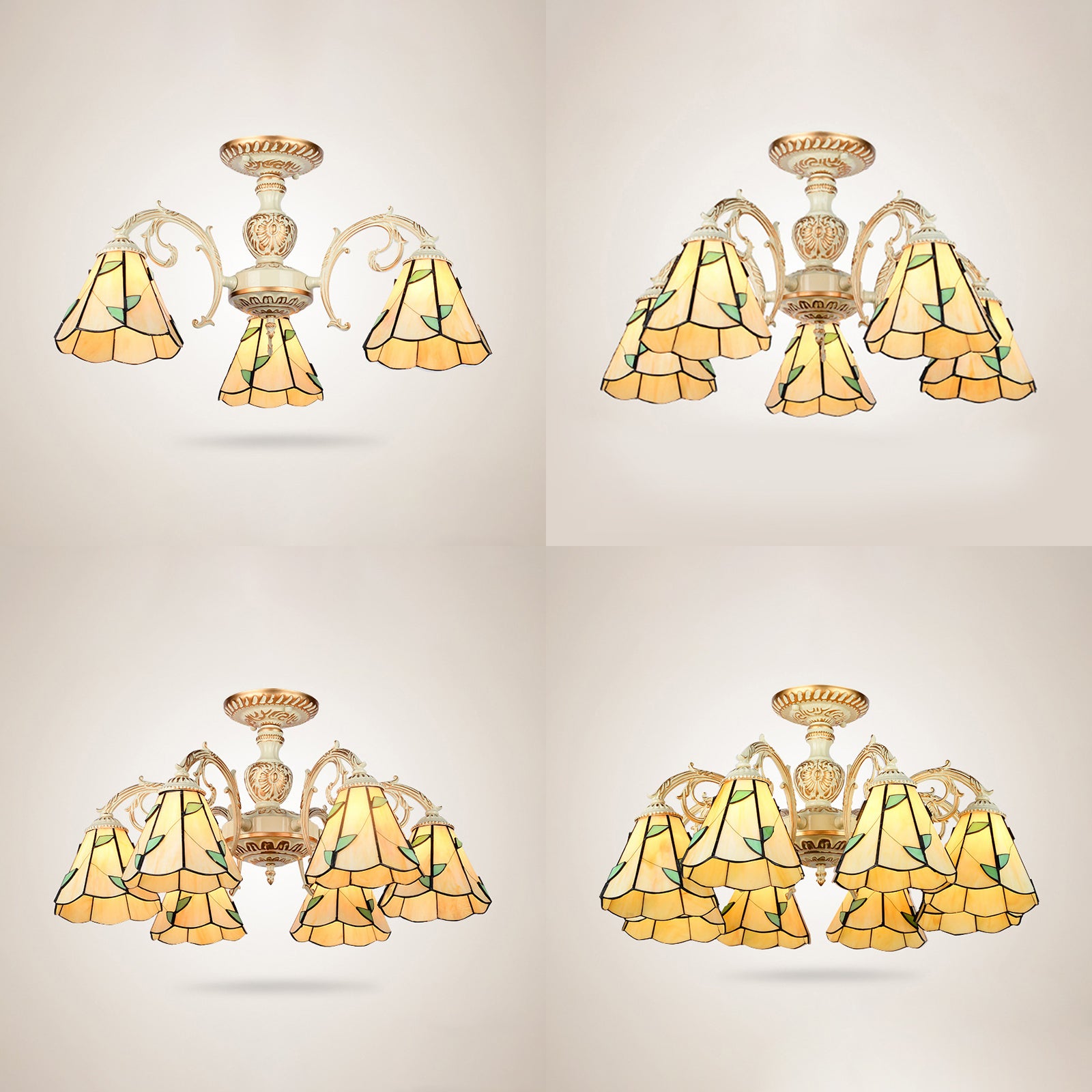 Leaf Chandelier Lamp with Curved Arm 3/5/6/8 Lights Beige Glass Rustic Living Room Hanging Light Clearhalo 'Ceiling Lights' 'Chandeliers' 'Close To Ceiling Lights' 'Close to ceiling' 'Glass shade' 'Glass' 'Semi-flushmount' 'Tiffany close to ceiling' 'Tiffany' Lighting' 36749