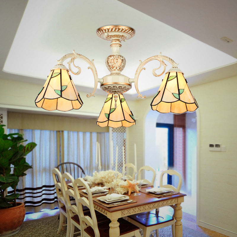 Leaf Chandelier Lamp with Curved Arm 3/5/6/8 Lights Beige Glass Rustic Living Room Hanging Light 3 Beige Clearhalo 'Ceiling Lights' 'Chandeliers' 'Close To Ceiling Lights' 'Close to ceiling' 'Glass shade' 'Glass' 'Semi-flushmount' 'Tiffany close to ceiling' 'Tiffany' Lighting' 36751