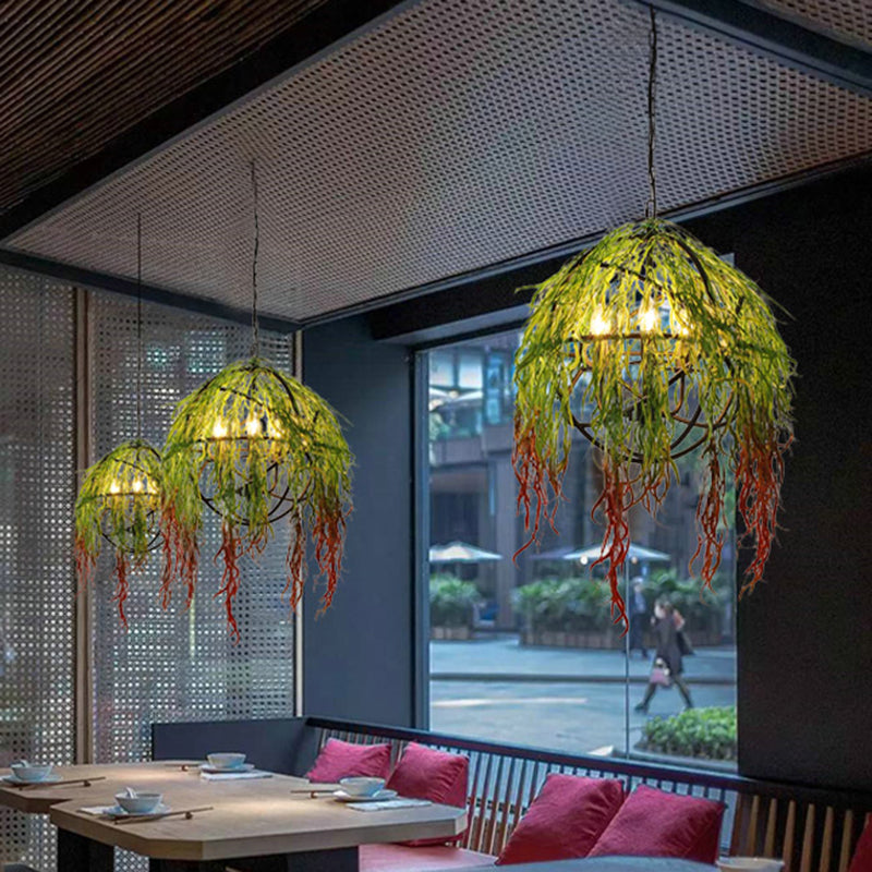 Orb Restaurant Chandelier Light Industrial Metal 5 Bulbs Green LED Plant Pendant Lighting Fixture Clearhalo 'Cast Iron' 'Ceiling Lights' 'Chandeliers' 'Industrial Chandeliers' 'Industrial' 'Metal' 'Middle Century Chandeliers' 'Rustic Chandeliers' 'Tiffany' Lighting' 367513