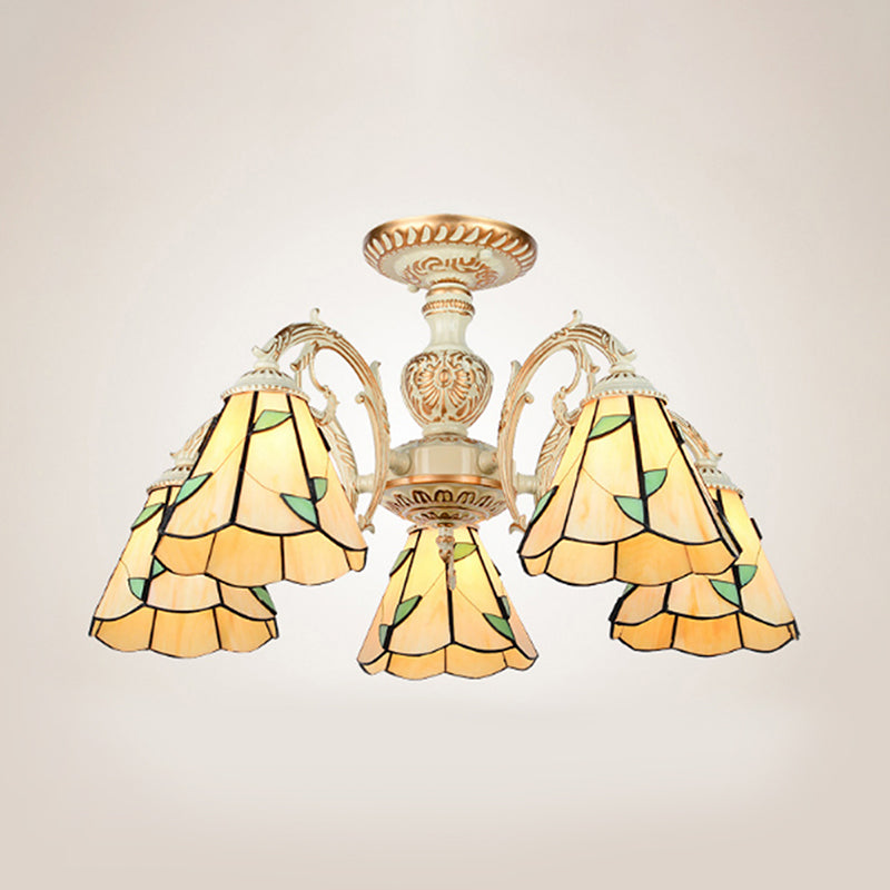 Leaf Chandelier Lamp with Curved Arm 3/5/6/8 Lights Beige Glass Rustic Living Room Hanging Light Clearhalo 'Ceiling Lights' 'Chandeliers' 'Close To Ceiling Lights' 'Close to ceiling' 'Glass shade' 'Glass' 'Semi-flushmount' 'Tiffany close to ceiling' 'Tiffany' Lighting' 36752