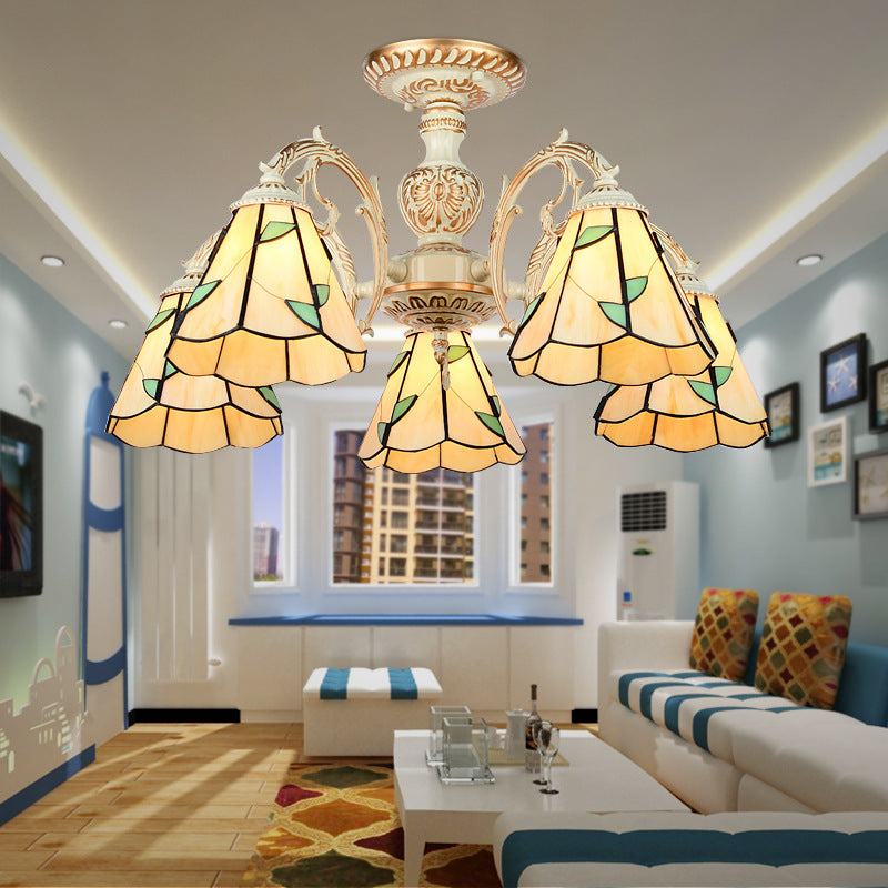 Leaf Chandelier Lamp with Curved Arm 3/5/6/8 Lights Beige Glass Rustic Living Room Hanging Light 5 Beige Clearhalo 'Ceiling Lights' 'Chandeliers' 'Close To Ceiling Lights' 'Close to ceiling' 'Glass shade' 'Glass' 'Semi-flushmount' 'Tiffany close to ceiling' 'Tiffany' Lighting' 36753