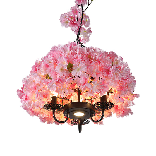 3 Lights Chandelier Lighting Fixture Industrial Candlestick Metal Hanging Lamp in Pink with Flower Decoration Clearhalo 'Cast Iron' 'Ceiling Lights' 'Chandeliers' 'Industrial Chandeliers' 'Industrial' 'Metal' 'Middle Century Chandeliers' 'Rustic Chandeliers' 'Tiffany' Lighting' 367534