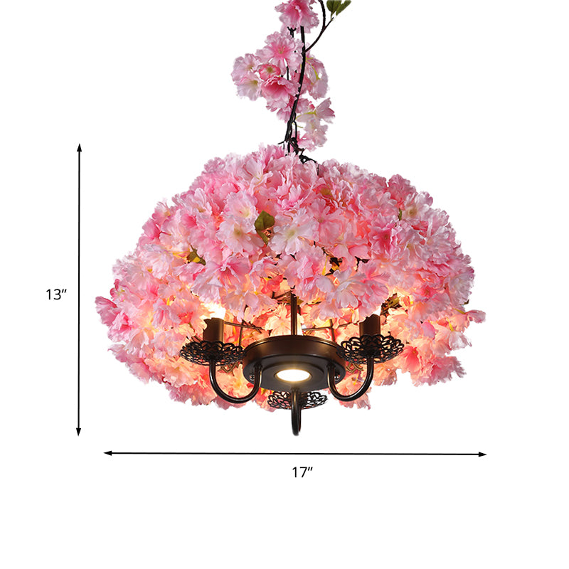3 Lights Chandelier Lighting Fixture Industrial Candlestick Metal Hanging Lamp in Pink with Flower Decoration Clearhalo 'Cast Iron' 'Ceiling Lights' 'Chandeliers' 'Industrial Chandeliers' 'Industrial' 'Metal' 'Middle Century Chandeliers' 'Rustic Chandeliers' 'Tiffany' Lighting' 367535