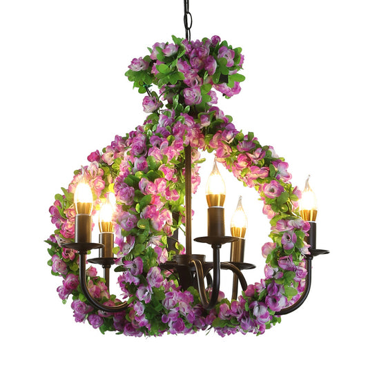 Candle Metal Chandelier Pendant Light Antique 5 Lights Restaurant Suspension Lamp in Black with Flower Decor Clearhalo 'Cast Iron' 'Ceiling Lights' 'Chandeliers' 'Industrial Chandeliers' 'Industrial' 'Metal' 'Middle Century Chandeliers' 'Rustic Chandeliers' 'Tiffany' Lighting' 367539