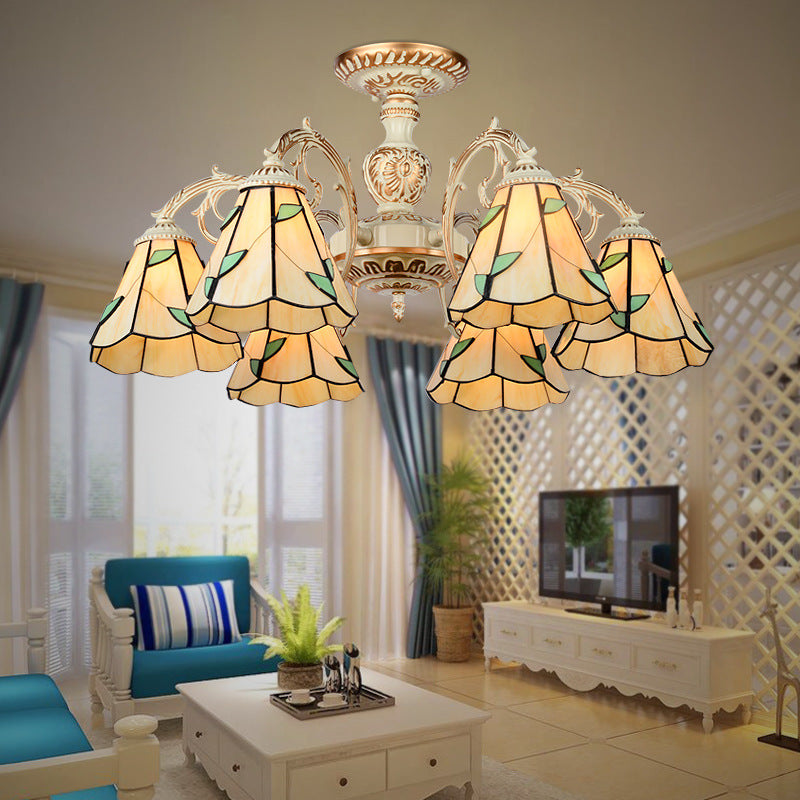 Leaf Chandelier Lamp with Curved Arm 3/5/6/8 Lights Beige Glass Rustic Living Room Hanging Light 6 Beige Clearhalo 'Ceiling Lights' 'Chandeliers' 'Close To Ceiling Lights' 'Close to ceiling' 'Glass shade' 'Glass' 'Semi-flushmount' 'Tiffany close to ceiling' 'Tiffany' Lighting' 36755