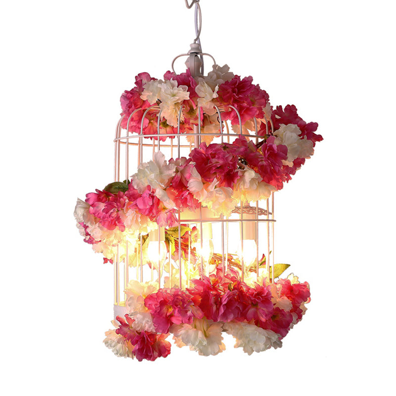 Antique Birdcage Ceiling Chandelier 3 Bulbs Metal Flower Drop Lamp in Rose Red for Restaurant Clearhalo 'Cast Iron' 'Ceiling Lights' 'Chandeliers' 'Industrial Chandeliers' 'Industrial' 'Metal' 'Middle Century Chandeliers' 'Rustic Chandeliers' 'Tiffany' Lighting' 367553