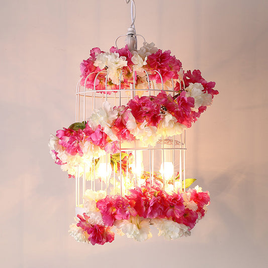 Antique Birdcage Ceiling Chandelier 3 Bulbs Metal Flower Drop Lamp in Rose Red for Restaurant Clearhalo 'Cast Iron' 'Ceiling Lights' 'Chandeliers' 'Industrial Chandeliers' 'Industrial' 'Metal' 'Middle Century Chandeliers' 'Rustic Chandeliers' 'Tiffany' Lighting' 367554