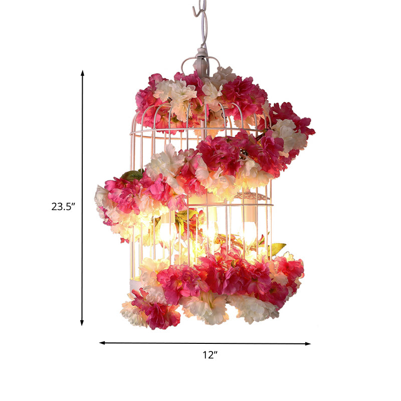 Antique Birdcage Ceiling Chandelier 3 Bulbs Metal Flower Drop Lamp in Rose Red for Restaurant Clearhalo 'Cast Iron' 'Ceiling Lights' 'Chandeliers' 'Industrial Chandeliers' 'Industrial' 'Metal' 'Middle Century Chandeliers' 'Rustic Chandeliers' 'Tiffany' Lighting' 367555