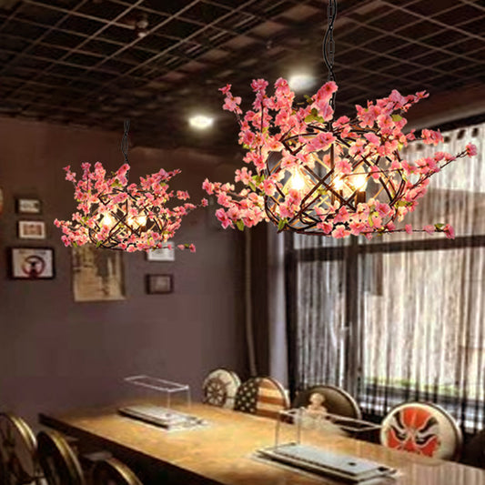 3 Lights Flower Chandelier Lighting with Bird Nest Metal Industrial Restaurant Drop Pendant in Pink Pink Clearhalo 'Cast Iron' 'Ceiling Lights' 'Chandeliers' 'Industrial Chandeliers' 'Industrial' 'Metal' 'Middle Century Chandeliers' 'Rustic Chandeliers' 'Tiffany' Lighting' 367556