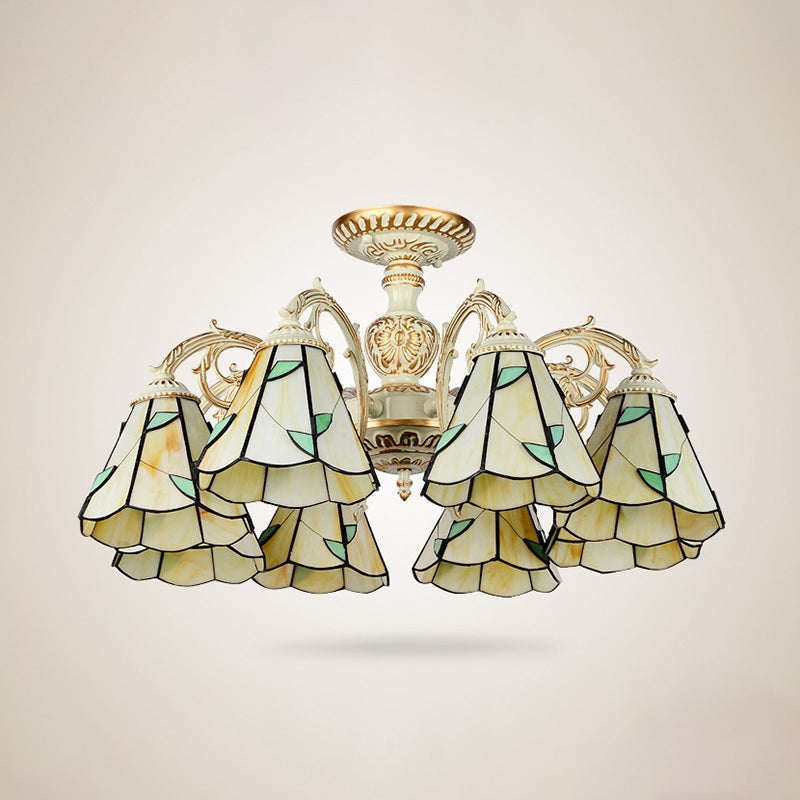 Leaf Chandelier Lamp with Curved Arm 3/5/6/8 Lights Beige Glass Rustic Living Room Hanging Light Clearhalo 'Ceiling Lights' 'Chandeliers' 'Close To Ceiling Lights' 'Close to ceiling' 'Glass shade' 'Glass' 'Semi-flushmount' 'Tiffany close to ceiling' 'Tiffany' Lighting' 36757