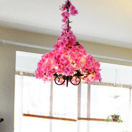 Cherry Blossom Metal Chandelier Light Industrial 3 Bulbs Restaurant LED Hanging Lamp in Pink Pink Clearhalo 'Cast Iron' 'Ceiling Lights' 'Chandeliers' 'Industrial Chandeliers' 'Industrial' 'Metal' 'Middle Century Chandeliers' 'Rustic Chandeliers' 'Tiffany' Lighting' 367578