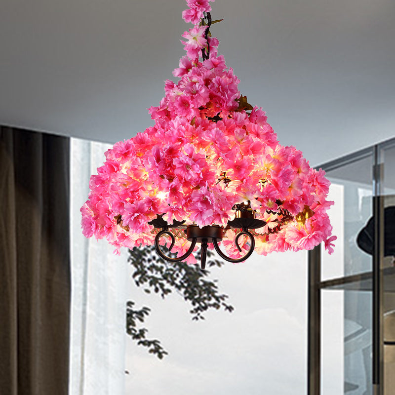 Cherry Blossom Metal Chandelier Light Industrial 3 Bulbs Restaurant LED Hanging Lamp in Pink Clearhalo 'Cast Iron' 'Ceiling Lights' 'Chandeliers' 'Industrial Chandeliers' 'Industrial' 'Metal' 'Middle Century Chandeliers' 'Rustic Chandeliers' 'Tiffany' Lighting' 367579