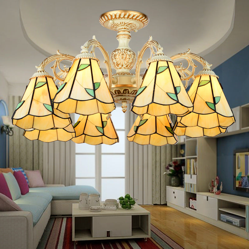 Leaf Chandelier Lamp with Curved Arm 3/5/6/8 Lights Beige Glass Rustic Living Room Hanging Light 8 Beige Clearhalo 'Ceiling Lights' 'Chandeliers' 'Close To Ceiling Lights' 'Close to ceiling' 'Glass shade' 'Glass' 'Semi-flushmount' 'Tiffany close to ceiling' 'Tiffany' Lighting' 36758