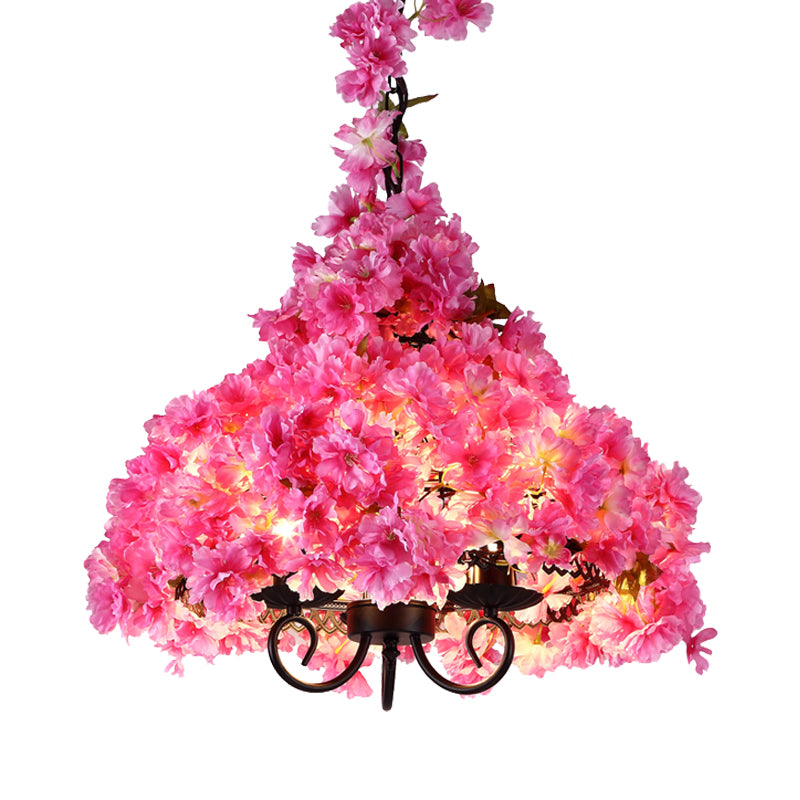 Cherry Blossom Metal Chandelier Light Industrial 3 Bulbs Restaurant LED Hanging Lamp in Pink Clearhalo 'Cast Iron' 'Ceiling Lights' 'Chandeliers' 'Industrial Chandeliers' 'Industrial' 'Metal' 'Middle Century Chandeliers' 'Rustic Chandeliers' 'Tiffany' Lighting' 367580
