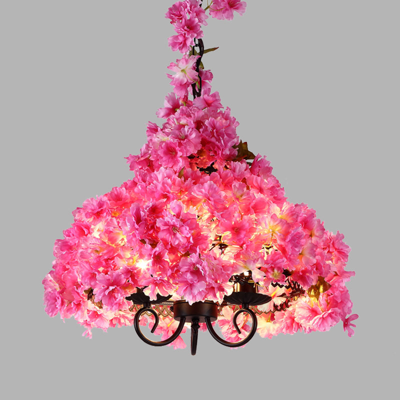 Cherry Blossom Metal Chandelier Light Industrial 3 Bulbs Restaurant LED Hanging Lamp in Pink Clearhalo 'Cast Iron' 'Ceiling Lights' 'Chandeliers' 'Industrial Chandeliers' 'Industrial' 'Metal' 'Middle Century Chandeliers' 'Rustic Chandeliers' 'Tiffany' Lighting' 367581
