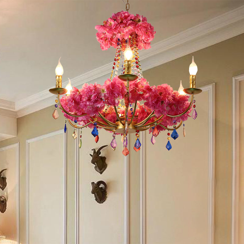 Metal Pink Flower Chandelier Lamp Candelabra 6 Bulbs Antique LED Hanging Ceiling Light with Dangling Crystal Pink Clearhalo 'Cast Iron' 'Ceiling Lights' 'Chandeliers' 'Industrial Chandeliers' 'Industrial' 'Metal' 'Middle Century Chandeliers' 'Rustic Chandeliers' 'Tiffany' Lighting' 367583