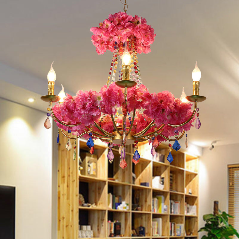 Metal Pink Flower Chandelier Lamp Candelabra 6 Bulbs Antique LED Hanging Ceiling Light with Dangling Crystal Clearhalo 'Cast Iron' 'Ceiling Lights' 'Chandeliers' 'Industrial Chandeliers' 'Industrial' 'Metal' 'Middle Century Chandeliers' 'Rustic Chandeliers' 'Tiffany' Lighting' 367584