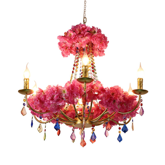 Metal Pink Flower Chandelier Lamp Candelabra 6 Bulbs Antique LED Hanging Ceiling Light with Dangling Crystal Clearhalo 'Cast Iron' 'Ceiling Lights' 'Chandeliers' 'Industrial Chandeliers' 'Industrial' 'Metal' 'Middle Century Chandeliers' 'Rustic Chandeliers' 'Tiffany' Lighting' 367585