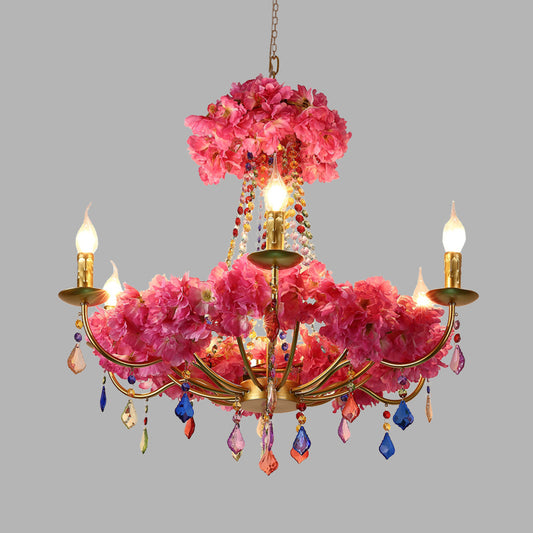 Metal Pink Flower Chandelier Lamp Candelabra 6 Bulbs Antique LED Hanging Ceiling Light with Dangling Crystal Clearhalo 'Cast Iron' 'Ceiling Lights' 'Chandeliers' 'Industrial Chandeliers' 'Industrial' 'Metal' 'Middle Century Chandeliers' 'Rustic Chandeliers' 'Tiffany' Lighting' 367586