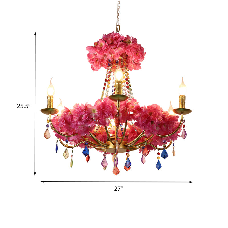 Metal Pink Flower Chandelier Lamp Candelabra 6 Bulbs Antique LED Hanging Ceiling Light with Dangling Crystal Clearhalo 'Cast Iron' 'Ceiling Lights' 'Chandeliers' 'Industrial Chandeliers' 'Industrial' 'Metal' 'Middle Century Chandeliers' 'Rustic Chandeliers' 'Tiffany' Lighting' 367587