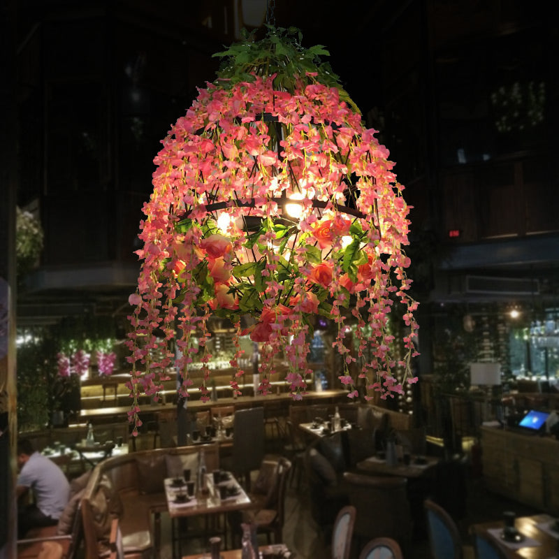 Pink Floral Chandelier Pendant Light Industrial Metal 3 Heads Restaurant LED Hanging Lamp Pink Clearhalo 'Cast Iron' 'Ceiling Lights' 'Chandeliers' 'Industrial Chandeliers' 'Industrial' 'Metal' 'Middle Century Chandeliers' 'Rustic Chandeliers' 'Tiffany' Lighting' 367608