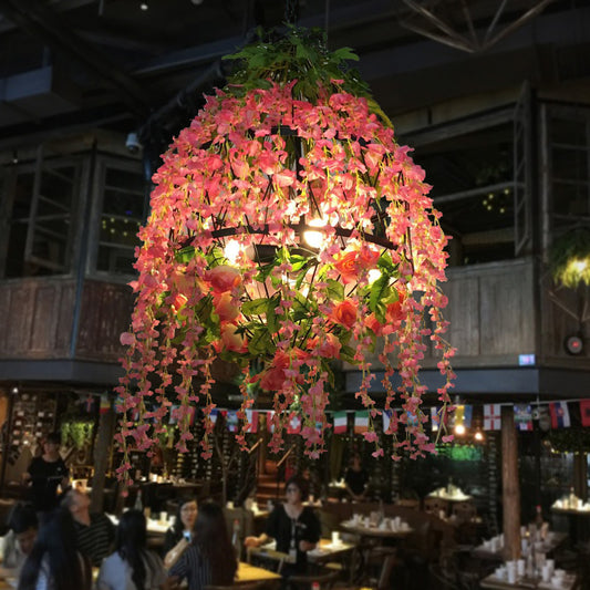 Pink Floral Chandelier Pendant Light Industrial Metal 3 Heads Restaurant LED Hanging Lamp Clearhalo 'Cast Iron' 'Ceiling Lights' 'Chandeliers' 'Industrial Chandeliers' 'Industrial' 'Metal' 'Middle Century Chandeliers' 'Rustic Chandeliers' 'Tiffany' Lighting' 367609