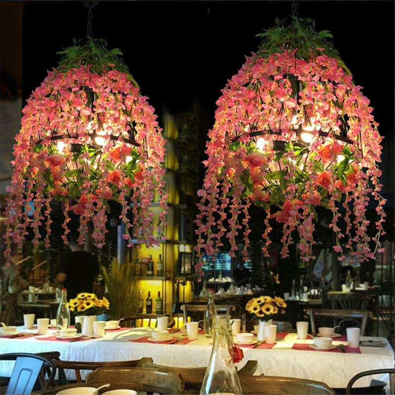 Pink Floral Chandelier Pendant Light Industrial Metal 3 Heads Restaurant LED Hanging Lamp Clearhalo 'Cast Iron' 'Ceiling Lights' 'Chandeliers' 'Industrial Chandeliers' 'Industrial' 'Metal' 'Middle Century Chandeliers' 'Rustic Chandeliers' 'Tiffany' Lighting' 367610