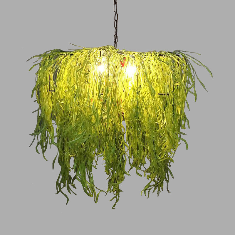 3 Bulbs Chandelier Light Industrial Plant Metal LED Suspension Lamp in Green for Restaurant Clearhalo 'Cast Iron' 'Ceiling Lights' 'Chandeliers' 'Industrial Chandeliers' 'Industrial' 'Metal' 'Middle Century Chandeliers' 'Rustic Chandeliers' 'Tiffany' Lighting' 367626