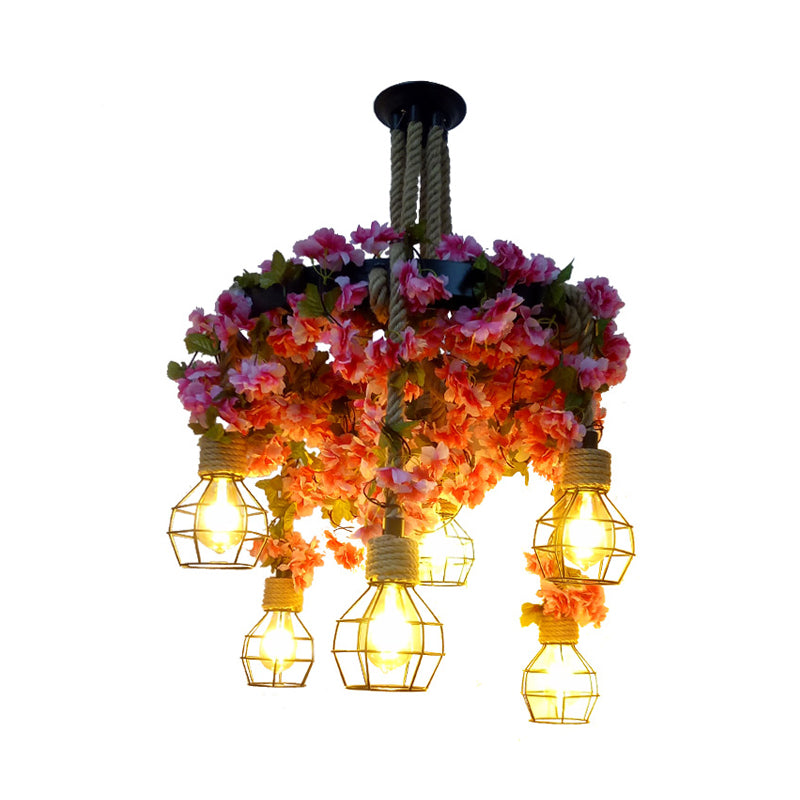Metal Pink Chandelier Light Bare Bulb 6 Bulbs Vintage LED Drop Pendant with Cherry Blossom Clearhalo 'Cast Iron' 'Ceiling Lights' 'Chandeliers' 'Industrial Chandeliers' 'Industrial' 'Metal' 'Middle Century Chandeliers' 'Rustic Chandeliers' 'Tiffany' Lighting' 367636