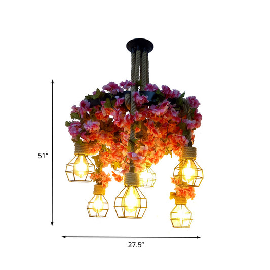 Metal Pink Chandelier Light Bare Bulb 6 Bulbs Vintage LED Drop Pendant with Cherry Blossom Clearhalo 'Cast Iron' 'Ceiling Lights' 'Chandeliers' 'Industrial Chandeliers' 'Industrial' 'Metal' 'Middle Century Chandeliers' 'Rustic Chandeliers' 'Tiffany' Lighting' 367637