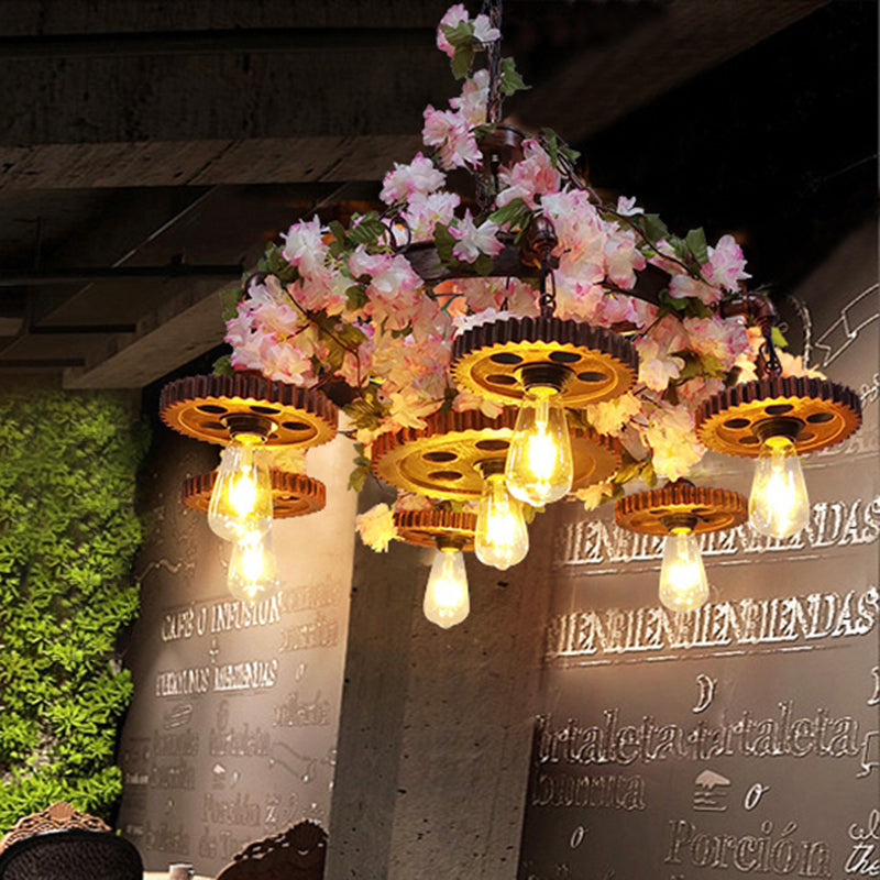 Pink 7 Bulbs Pendant Chandelier Industrial Metal Bare Bulb Ceiling Hang Fixture with Cherry Blossom Pink Clearhalo 'Cast Iron' 'Ceiling Lights' 'Chandeliers' 'Industrial Chandeliers' 'Industrial' 'Metal' 'Middle Century Chandeliers' 'Rustic Chandeliers' 'Tiffany' Lighting' 367658