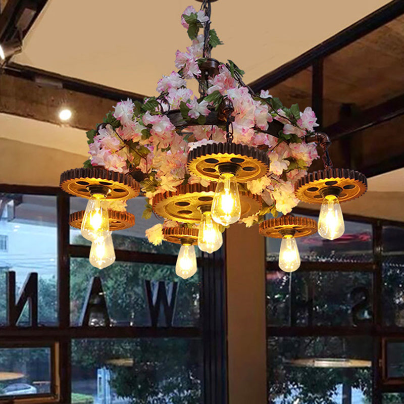 Pink 7 Bulbs Pendant Chandelier Industrial Metal Bare Bulb Ceiling Hang Fixture with Cherry Blossom Clearhalo 'Cast Iron' 'Ceiling Lights' 'Chandeliers' 'Industrial Chandeliers' 'Industrial' 'Metal' 'Middle Century Chandeliers' 'Rustic Chandeliers' 'Tiffany' Lighting' 367659
