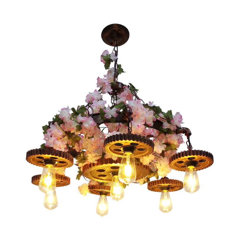 Pink 7 Bulbs Pendant Chandelier Industrial Metal Bare Bulb Ceiling Hang Fixture with Cherry Blossom Clearhalo 'Cast Iron' 'Ceiling Lights' 'Chandeliers' 'Industrial Chandeliers' 'Industrial' 'Metal' 'Middle Century Chandeliers' 'Rustic Chandeliers' 'Tiffany' Lighting' 367660