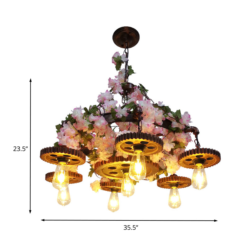 Pink 7 Bulbs Pendant Chandelier Industrial Metal Bare Bulb Ceiling Hang Fixture with Cherry Blossom Clearhalo 'Cast Iron' 'Ceiling Lights' 'Chandeliers' 'Industrial Chandeliers' 'Industrial' 'Metal' 'Middle Century Chandeliers' 'Rustic Chandeliers' 'Tiffany' Lighting' 367662