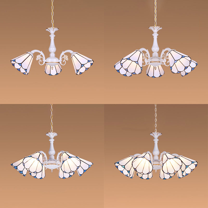 White Cone Pendant Lighting with Adjustable Chain Tiffany 3/5/6/8 Lights Chandelier Lamp for Living Room Clearhalo 'Ceiling Lights' 'Chandeliers' 'Close To Ceiling Lights' 'Industrial' 'Middle Century Chandeliers' 'Tiffany Chandeliers' 'Tiffany close to ceiling' 'Tiffany' Lighting' 36767