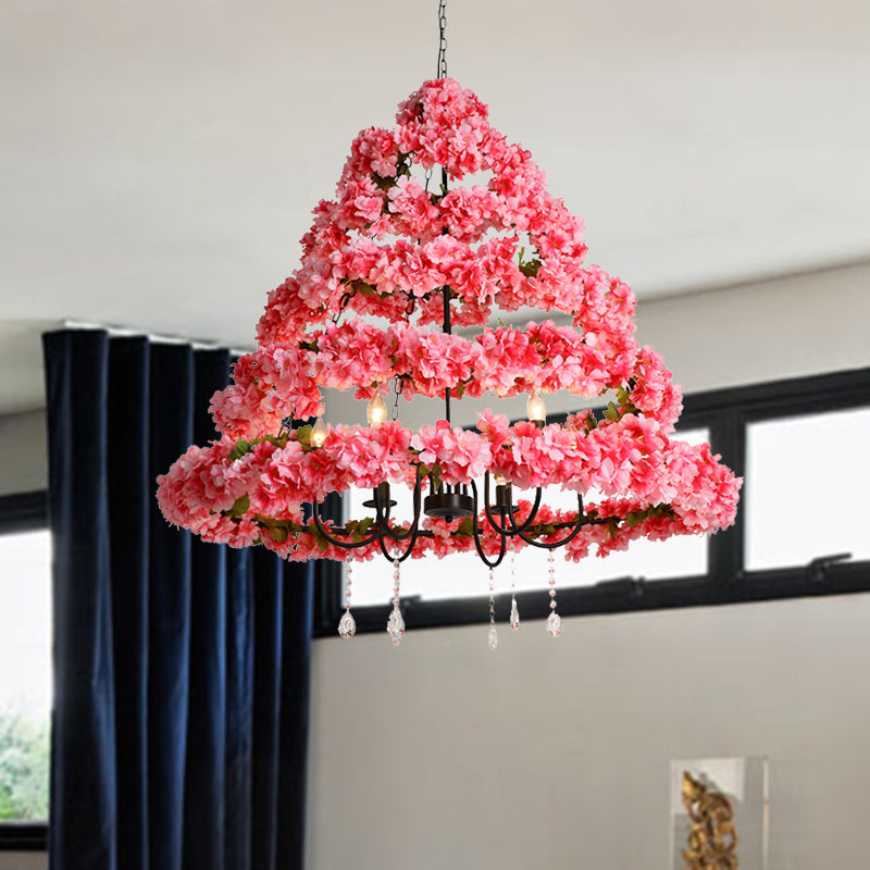 Cherry Blossom Restaurant Chandelier Light Industrial Metal 5 Bulbs Pink Hanging Lamp with Dangling Crystal, 31.5"/43" W Clearhalo 'Cast Iron' 'Ceiling Lights' 'Chandeliers' 'Industrial Chandeliers' 'Industrial' 'Metal' 'Middle Century Chandeliers' 'Rustic Chandeliers' 'Tiffany' Lighting' 367674