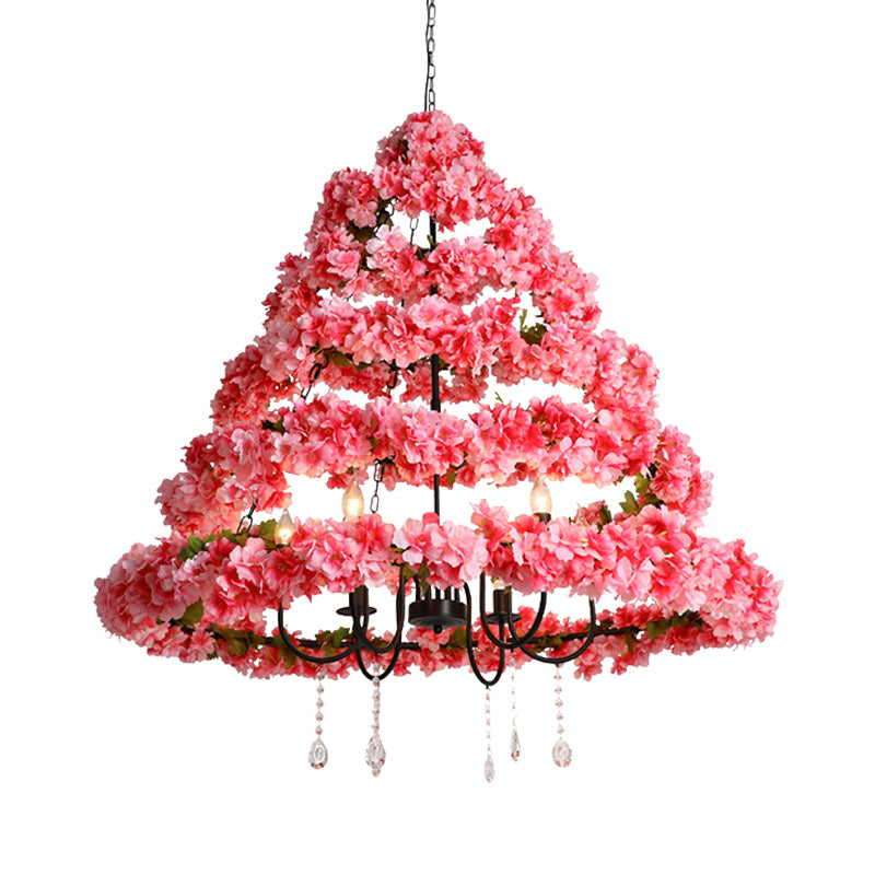 Cherry Blossom Restaurant Chandelier Light Industrial Metal 5 Bulbs Pink Hanging Lamp with Dangling Crystal, 31.5"/43" W Clearhalo 'Cast Iron' 'Ceiling Lights' 'Chandeliers' 'Industrial Chandeliers' 'Industrial' 'Metal' 'Middle Century Chandeliers' 'Rustic Chandeliers' 'Tiffany' Lighting' 367675