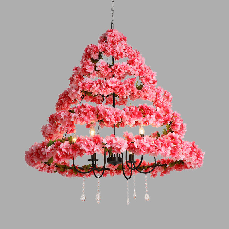 Cherry Blossom Restaurant Chandelier Light Industrial Metal 5 Bulbs Pink Hanging Lamp with Dangling Crystal, 31.5"/43" W Clearhalo 'Cast Iron' 'Ceiling Lights' 'Chandeliers' 'Industrial Chandeliers' 'Industrial' 'Metal' 'Middle Century Chandeliers' 'Rustic Chandeliers' 'Tiffany' Lighting' 367676