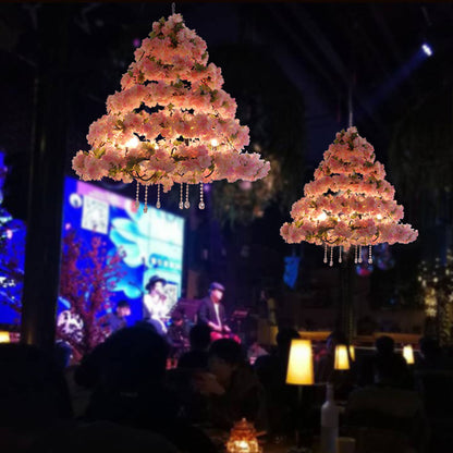 Vintage Conical Chandelier Lamp 5 Bulbs Metal Ceiling Pendant Light in Pink/Rose Red with Cherry Blossom Decor Pink Clearhalo 'Cast Iron' 'Ceiling Lights' 'Chandeliers' 'Industrial Chandeliers' 'Industrial' 'Metal' 'Middle Century Chandeliers' 'Rustic Chandeliers' 'Tiffany' Lighting' 367679