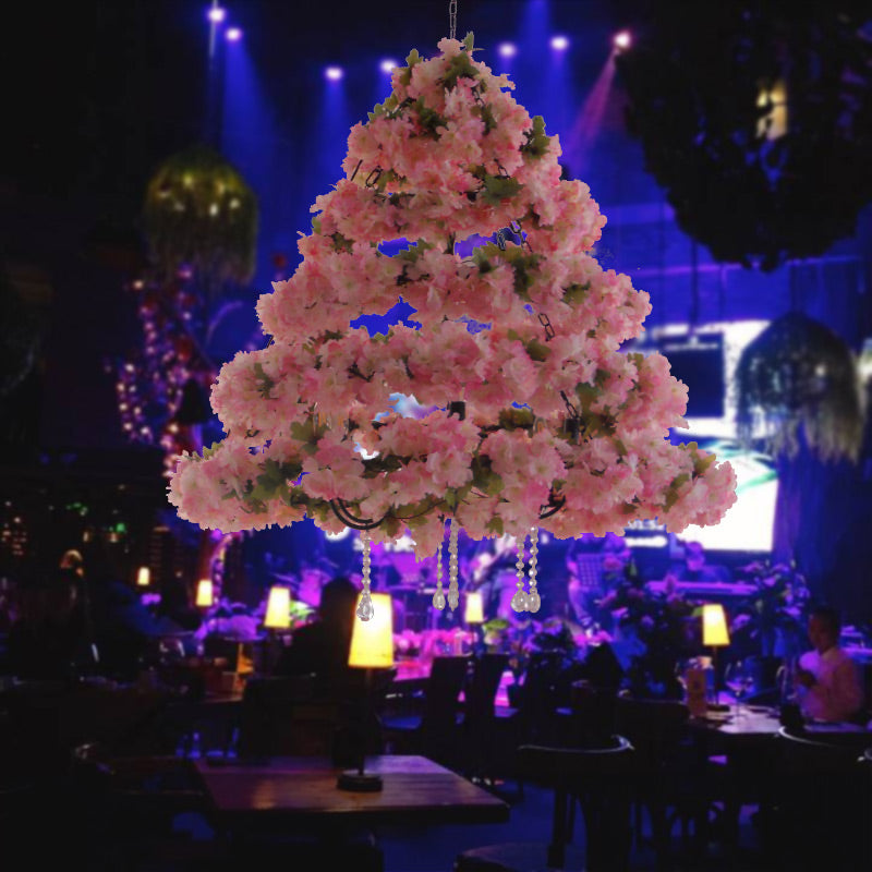 Vintage Conical Chandelier Lamp 5 Bulbs Metal Ceiling Pendant Light in Pink/Rose Red with Cherry Blossom Decor Clearhalo 'Cast Iron' 'Ceiling Lights' 'Chandeliers' 'Industrial Chandeliers' 'Industrial' 'Metal' 'Middle Century Chandeliers' 'Rustic Chandeliers' 'Tiffany' Lighting' 367680