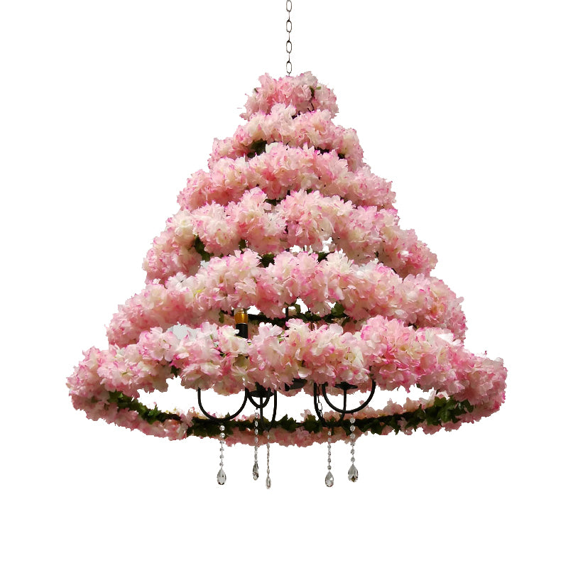 Vintage Conical Chandelier Lamp 5 Bulbs Metal Ceiling Pendant Light in Pink/Rose Red with Cherry Blossom Decor Clearhalo 'Cast Iron' 'Ceiling Lights' 'Chandeliers' 'Industrial Chandeliers' 'Industrial' 'Metal' 'Middle Century Chandeliers' 'Rustic Chandeliers' 'Tiffany' Lighting' 367681