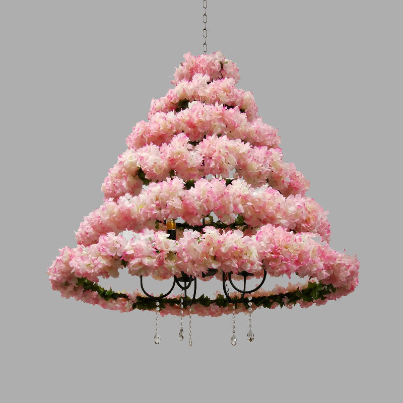 Vintage Conical Chandelier Lamp 5 Bulbs Metal Ceiling Pendant Light in Pink/Rose Red with Cherry Blossom Decor Clearhalo 'Cast Iron' 'Ceiling Lights' 'Chandeliers' 'Industrial Chandeliers' 'Industrial' 'Metal' 'Middle Century Chandeliers' 'Rustic Chandeliers' 'Tiffany' Lighting' 367682